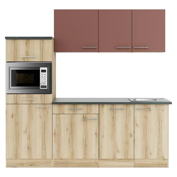 Optifit Bari407 Küchenleerblock Typ 1 - Breite: 210 cm, Rostbraun/Wildeiche Nachbildung, Ohne Elektrogeräte - Helle Holzküchenzeile mit integrierter Mikrowelle, Spüle und dunkelbraunen Hängeschränken.