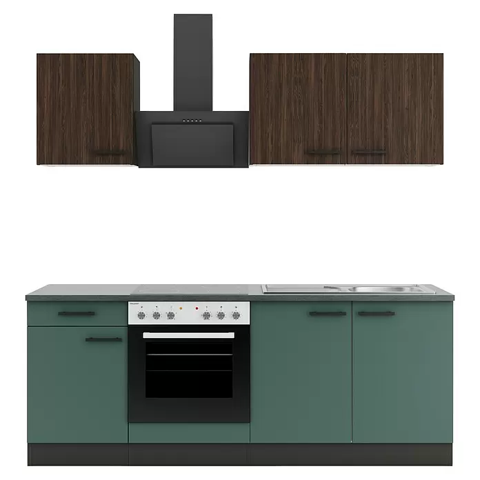 Optifit Verona405 Singleküche Typ 4 - Breite: 210 cm, Steingrün/Rillendekor Nussbaum, Mit Elektrogeräten - Moderne Küche mit Oberschränken aus dunklem Holz, grauer Dunstabzugshaube und dunkelgrünen Unterschränken mit Backofen, Kochfeld und Spüle.