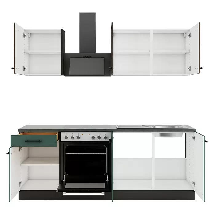 Optifit Verona405 Singleküche Typ 4 - Breite: 210 cm, Steingrün/Rillendekor Nussbaum, Mit Elektrogeräten - Moderne Küchenschrankkombination mit offenen dunkelholzfarbenen und weißen Oberschränken, Dunstabzugshaube, offenen Unterschränken mit türkiser Schublade, Ofen und Spüle.