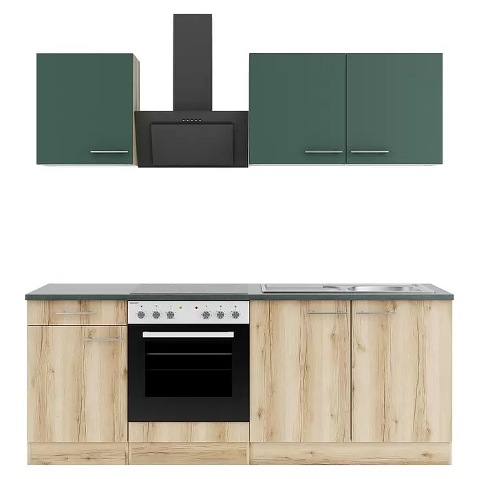 Optifit Savona405 Singleküche Typ 2 - Breite: 210 cm, Wildeiche Nachbildung/Steingrün, Mit Elektrogeräten - Moderne Küchenzeile mit grünen Oberschränken, schwarzer Dunstabzugshaube und hellen Holz-Unterschränken mit Backofen, Kochfeld und Spüle.