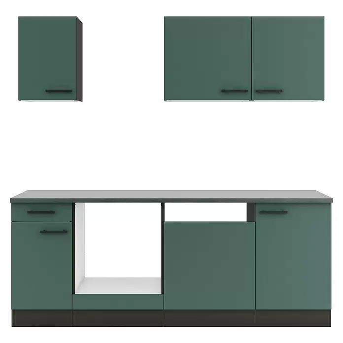 Optifit Verona405 Küchenleerblock Typ 3 - Breite: 210 cm, Steingrün, Ohne Elektrogeräte - Matte dunkelgrüne Küchenunter- und Oberschränke mit dunkelgrauen Griffen, heller Arbeitsplatte und Gerätenische.