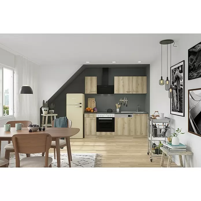 Optifit Livorno290 Singleküche Typ 1 - Breite: 210 cm, Wildeiche Nachbildung, Mit Elektrogeräten - Cremefarbener Retro-Kühlschrank mit Chromgriffen, der eine Vintage-Note in die moderne Küche bringt.