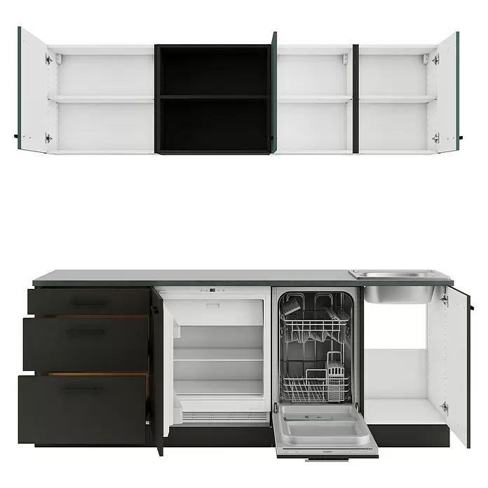 Optifit Verona405 Küchenleerblock Typ 4 - Breite: 210 cm, Anthrazit/Steingrün, Ohne Elektrogeräte - Dunkelgraue und weiße modulare Küchenzeile mit offenen Schränken, Schubladen, integriertem Minikühlschrank, Geschirrspüler und Spüle, die das Innere zeigen.
