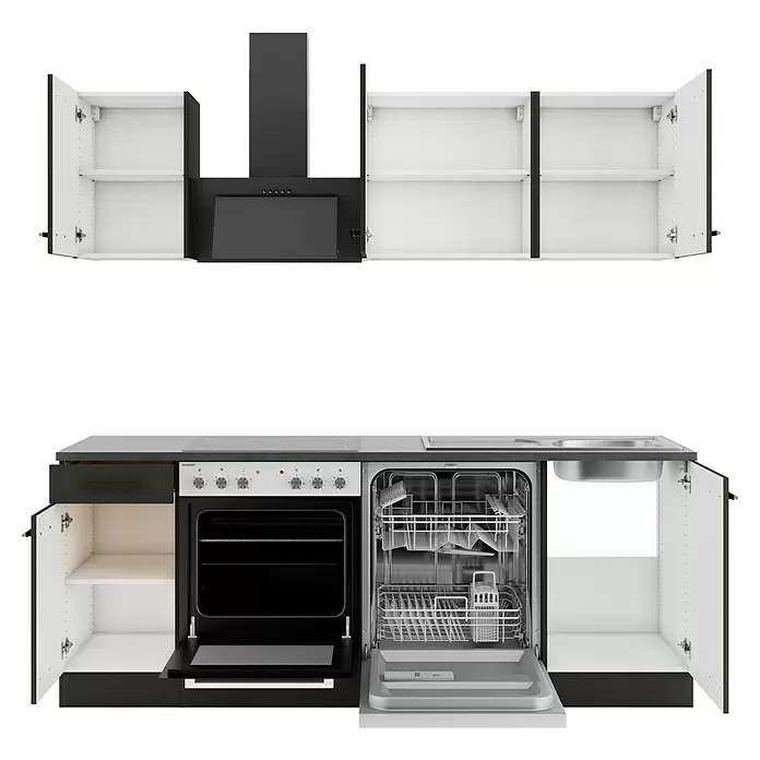 Optifit Madrid420 Singleküche Typ 4 - Breite: 210 cm, Anthrazit/Rillendekor Nussbaum, Mit Elektrogeräten - Modulküche mit offenen dunkelgrauen und weißen Schränken, Backofen, Dunstabzugshaube, Geschirrspüler und Spüle.