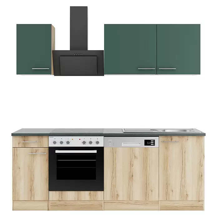 Optifit Savona405 Singleküche Typ 4 - Breite: 210 cm, Wildeiche Nachbildung/Steingrün, Mit Elektrogeräten - Grüne Ober- und holzfarbene Unterschränke mit integriertem Backofen, Kochfeld, Geschirrspüler, Spüle und dunkelgrauer Dunstabzugshaube.