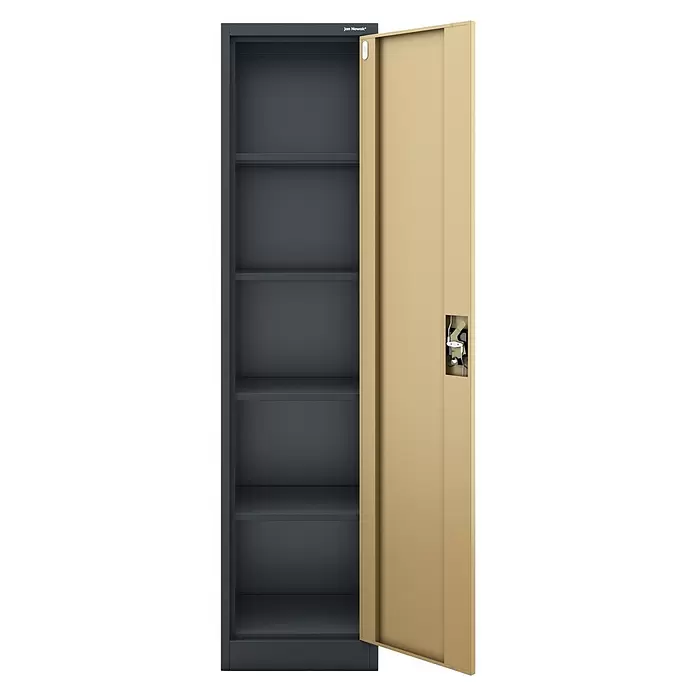 Jan Nowak Aktenschrank Alex - B x T x H: 45 x 40 x 185 cm, Anthrazit/ Nussbaum - Dunkelgrauer Metallschrank mit mehreren Regalböden und offener beiger Metalltür.