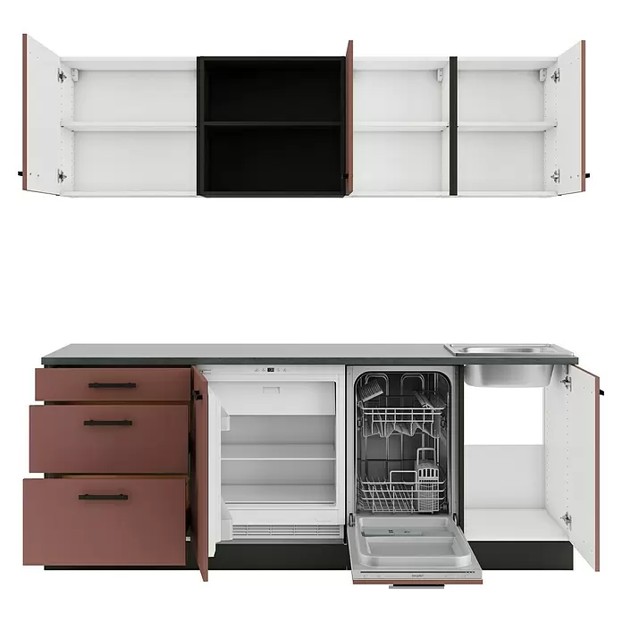Optifit Nizza407 Küchenleerblock Typ 4 - Breite: 210 cm, Rostrot, Ohne Elektrogeräte - Modulküche: rotbraune und schwarze Schränke, offener Kühlschrank, Geschirrspüler und Spüle. Mit Ober- und Unterschränken.