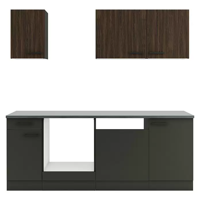 Optifit Madrid420 Singleküche Typ 1 - Breite: 210 cm, Anthrazit/Rillendekor Nussbaum, Ohne Elektrogeräte - Moderne Küchenschränke: Oberschränke aus dunklem Holz und Unterschrank in Dunkelgrau mit grauer Arbeitsplatte und weißem offenen Fach.