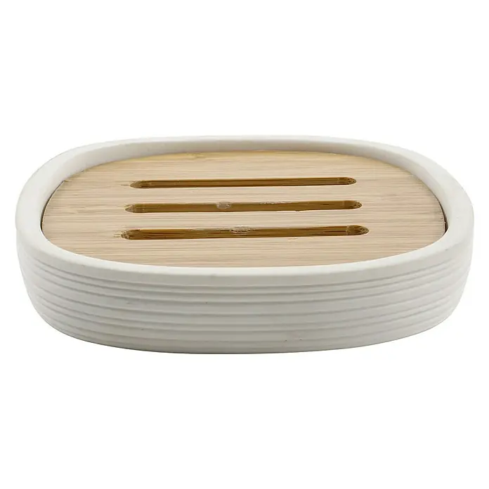Bath Stage B-Kubic Jabonera - 10 x 10 x 1,5 cm, Plástico, Blanco - Elegante jabonera de cerámica con inserto de bambú. El complemento perfecto para cualquier baño y una forma elegante de guardar el jabón.