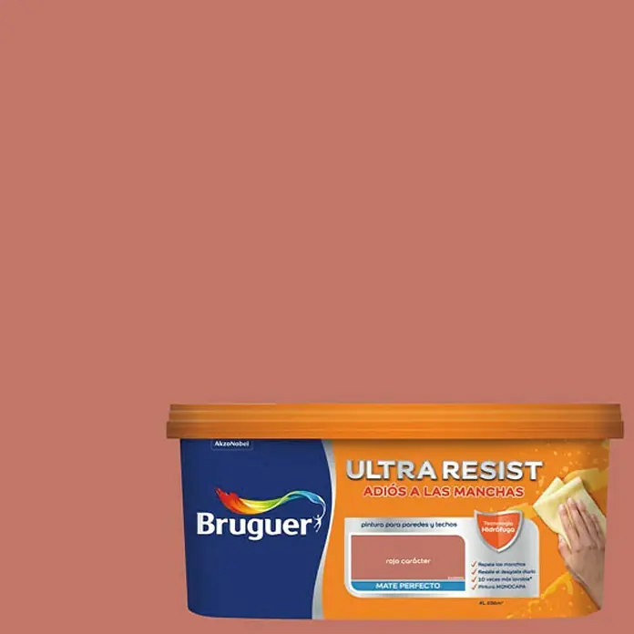 Bruguer Ultra Resist Pintura para paredes - Rojo carácter, Mate, 4 l - Bote de pintura Bruguer Ultra Resist en "rojo carácter", ideal para paredes y techos. Tecnología antimanchas para un acabado mate perfecto.