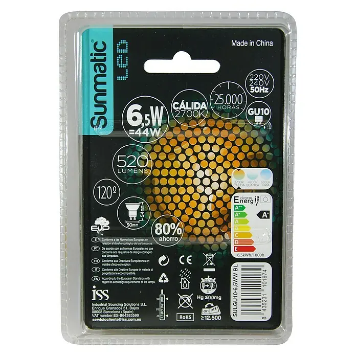 Sunmatic Bombilla LED - GU10, No regulable, Blanco cálido, 520 lm, 6,5 W - Embalaje de una bombilla LED Sunmatic, 6,5W, blanco cálido (2700K), 520 lúmenes, clase de eficiencia energética A+.
