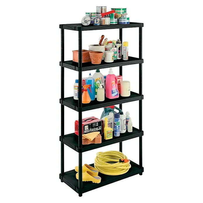 Terry Estantería de plástico - Al x An x Pr: 173,4 x 80 x 40 cm, Número de baldas: 5 ud., Inserción, Negro - Estantería negra con cinco niveles llenos de suministros de almacenamiento.