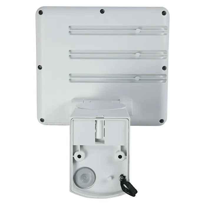 Lutec Proyector LED Esa con sensor y cámara - 25 W, L x An x Al: 19,3 x 20 x 26,8 cm, Blanco, Blanco frío - Vista posterior de una luz solar LED blanca que presenta un panel solar rectangular y una carcasa de luz rectangular.