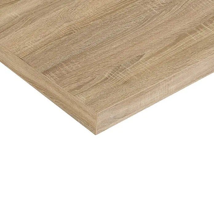 Regalboden - Eiche Sonoma, 200 x 30 x 1,6 cm - Detailaufnahme einer Tischplatte mit Holzmaserung. Die Oberfläche zeigt ein helles, natürliches Holzdekor mit feinen Linien und Strukturen.