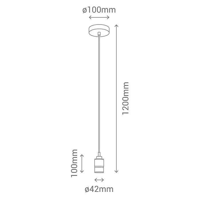 Schuller Lámpara colgante Cuero - 40 W, L x An x Al: 5 x 5 x 96 cm, Oro, E27 - Dibujo técnico de una lámpara colgante con dimensiones. Diámetro superior 100mm, inferior 42mm, longitud 1200mm, altura cabezal lámpara 100mm.