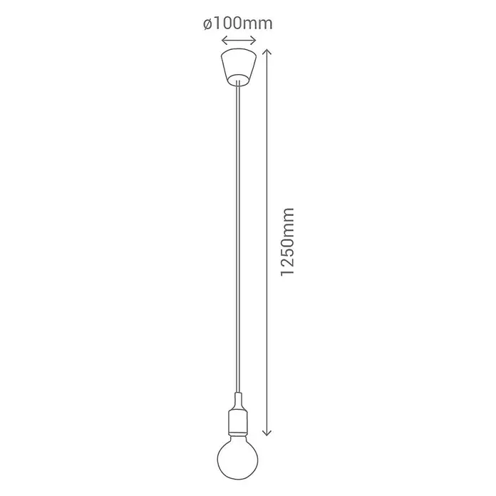 Sulion Lámpara colgante Silikon - 60 W, L x An x Al: 10 x 10 x 125 cm, Blanco, E27 - Esquema de una lámpara colgante con dimensiones Ø100mm para el dosel y 1250mm para la longitud total, representado en un dibujo técnico.