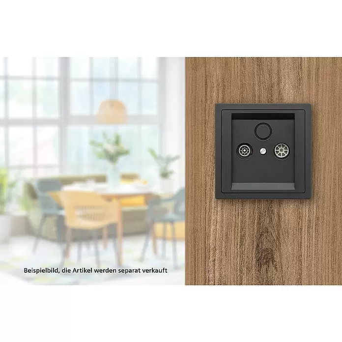 Siemens Delta Style Antennendose SIE044448 - Anthrazit Cosso, Glänzend, Kunststoff, Unterputzmontage - Schwarze Antennendose mit drei Anschlüssen an einer braunen Holzwand, mit verschwommenem Raum im Hintergrund.