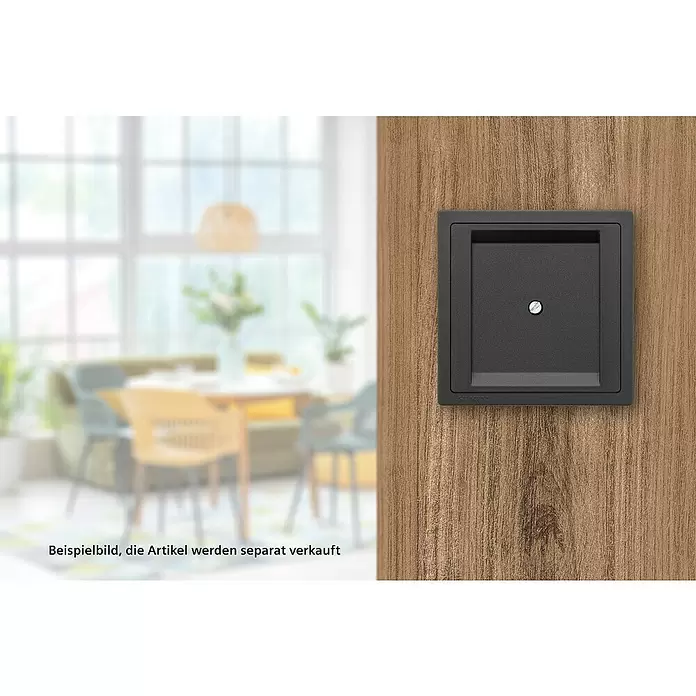 Siemens Delta Style Blindabdeckung SIE044479 - Anthrazit Cosso, Glänzend, Kunststoff, Unterputzmontage - Quadratischer, dunkelgrauer Elektro-Rahmen mit vertieftem Mittelteil an einer Holzwand.