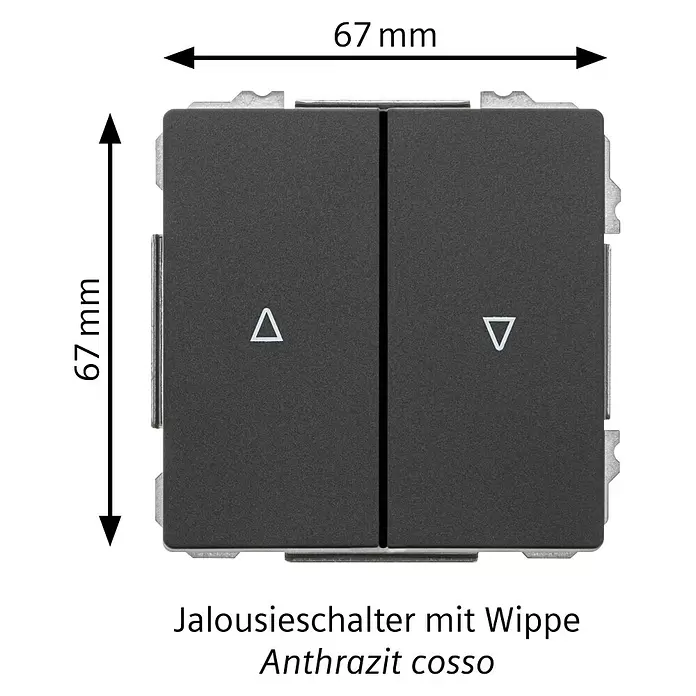 Siemens Delta Style Jalousieschalter SIE044462 - Anthrazit Cosso, Glänzend, Unterputzmontage, 10 A - Anthrazitfarbener Doppelwippschalter für Jalousien, 67x67mm mit Auf-/Ab-Symbolen.