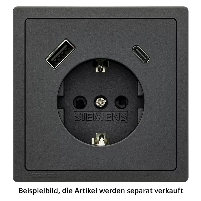 Siemens Delta Style USB-Steckdose SIE044431 - Anthrazit Cosso, Glänzend, Kunststoff, Unterputzmontage - Schwarze Siemens Steckdose mit Schuko-, USB-A- und USB-C-Anschlüssen, matte Oberfläche.