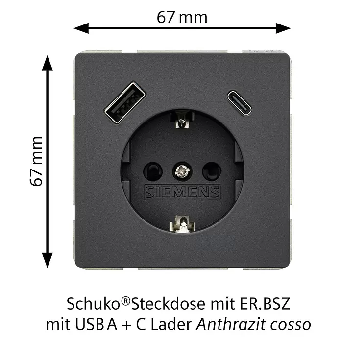 Siemens Delta Style USB-Steckdose SIE044431 - Anthrazit Cosso, Glänzend, Kunststoff, Unterputzmontage - Anthrazitfarbene Siemens Schuko-Steckdose mit integrierten USB-A- und USB-C-Ladeanschlüssen, 67x67mm.