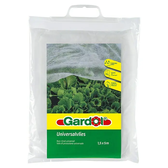 Gardol Gartenvlies - L x B: 5 x 1,5 m - Bild einer Verpackung von Gardol Universalvlies 1,5x5m zum Schutz von Pflanzen vor Schädlingen und zur Steigerung des Ertrags.