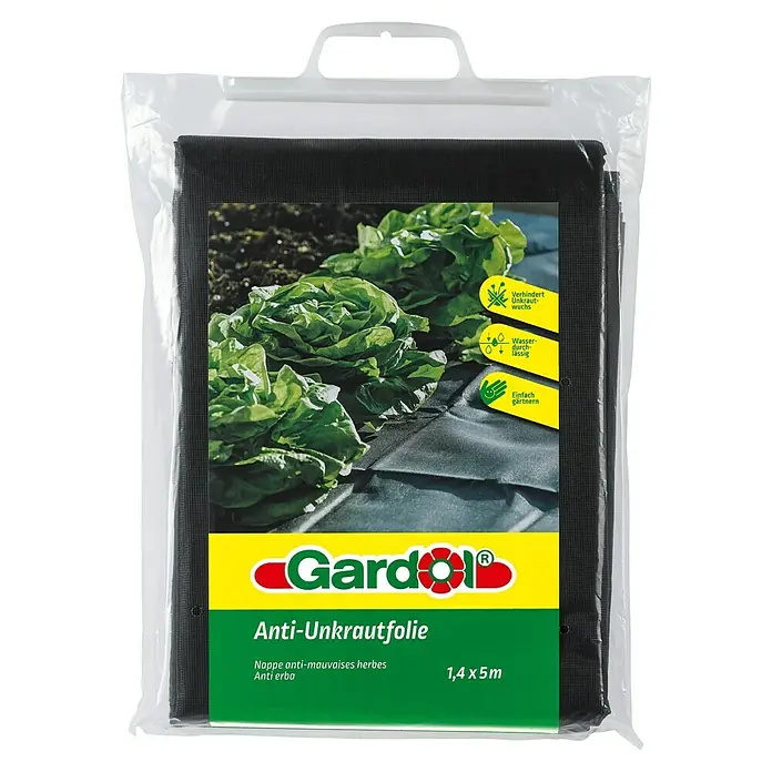 Gardol Antiunkraut-Folie - L x B: 5 x 1,4 m - Produktbild einer Gardol Anti-Unkrautfolie, die das Wachstum von Unkraut verhindert und wasserdurchlässig ist. Ideal für einfaches Gärtnern.