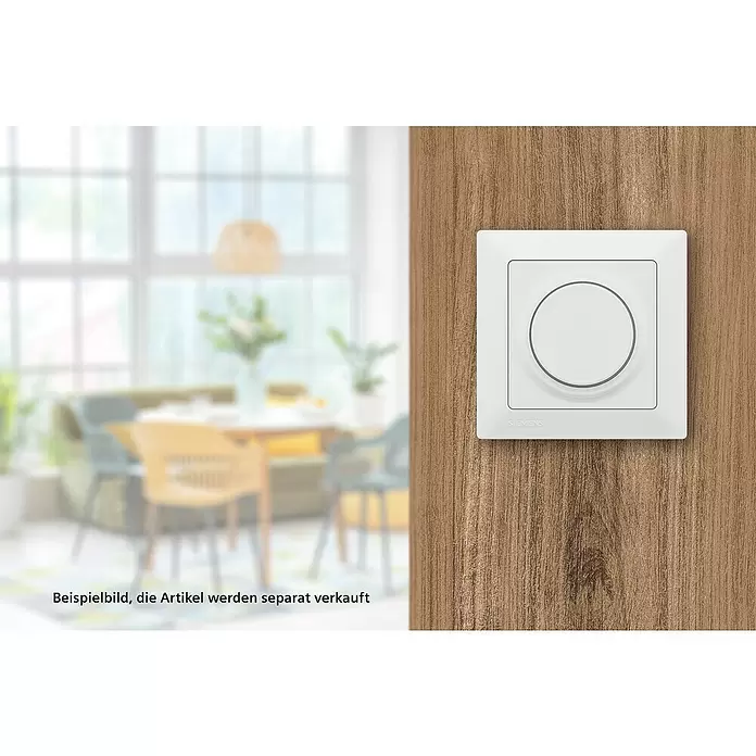 Siemens DELTA Mega Dimmer 6-60W SIE044134 - Polar Weiß, Schrauben - Weißer Siemens Lichtschalter mit rundem Bedienelement, an einer hellbraunen Holzwand montiert.