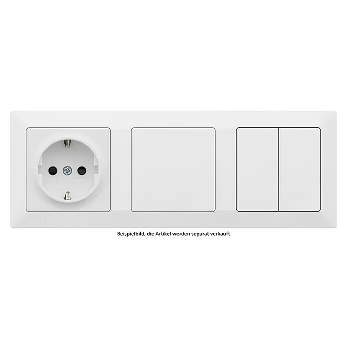 Siemens DELTA Mega Abdeckrahmen SIE044165 - Polar Weiß, 3-fach, Kunststoff, Schrauben - Weiße Kunststoff-Steckdose und zwei Lichtschalter in einem Dreifachrahmen.