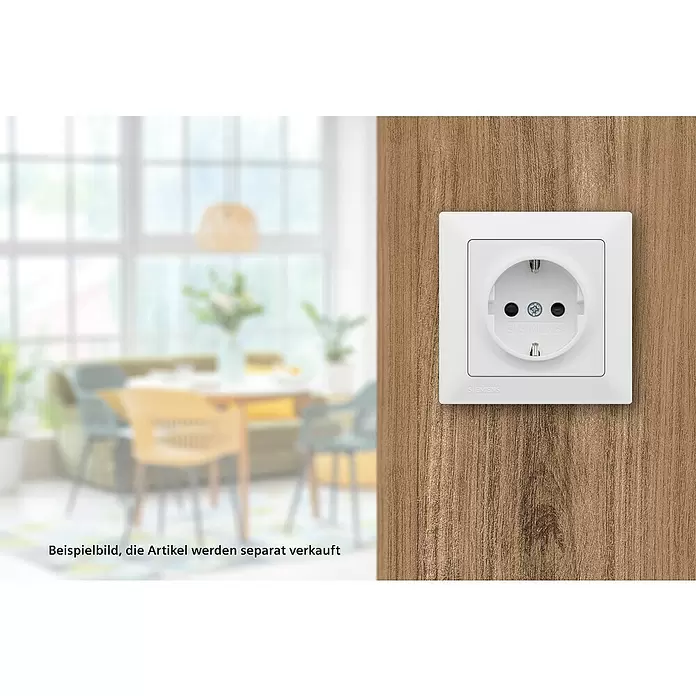 Siemens DELTA Mega Abdeckrahmen SIE044141 - Polar Weiß, 1-fach, Kunststoff, Schrauben - Weiße Siemens Steckdose an einer Holzwand in einem modernen Raum.