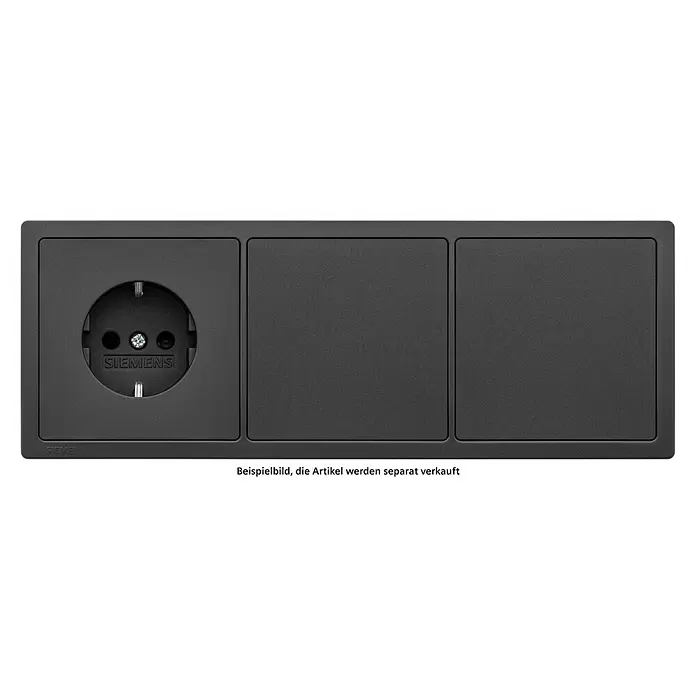 Siemens Delta Style Abdeckrahmen SIE044516 - Anthrazit Cosso, 3-fach, Kunststoff, Schrauben - Dunkelgrauer Dreifach-Steckdosenrahmen mit einer Schuko-Steckdose und zwei Blindabdeckungen.