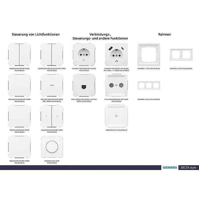 Siemens Delta Style Serienschalter SIE044202 - Polar Weiß, Glänzend, Unterputzmontage, 10 A - Eine Auswahl weißer Siemens Delta Style Elektroschalter, Steckdosen und Rahmen. Alle Komponenten sind polarweiß.