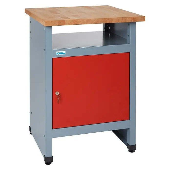 Küpper Werkbank-Beistelltisch - L x B: 60 x 60 cm, Arbeitshöhe: 84 cm, Rot/Silbergrau - Werkbank mit Holzplatte, grauem Metallrahmen und roter Tür. Ideal für Werkstätten und Hobbyräume zur sicheren Aufbewahrung.