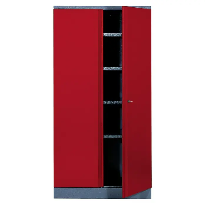Küpper Armario alto de taller - L x An x Al: 45 x 91 x 180 cm, Número de puertas: 2 ud., Rojo - Armario de herramientas rojo con estantes, una puerta abierta. El armario ofrece un amplio espacio de almacenamiento, ideal para talleres.