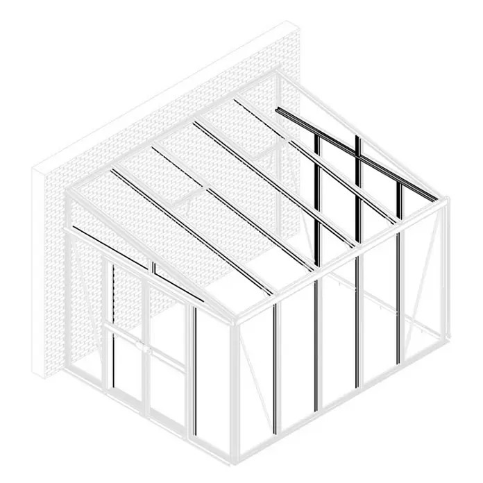 Vitavia Pavillon-Nachrüstsatz Helena 10200 - Passend für: Vitavia Gewächshaus Helena 10200, Aluminium - Darstellung eines Gewächshauses mit klaren Linien, das an eine Mauer angebaut ist und durch seine transparente Struktur auffällt.