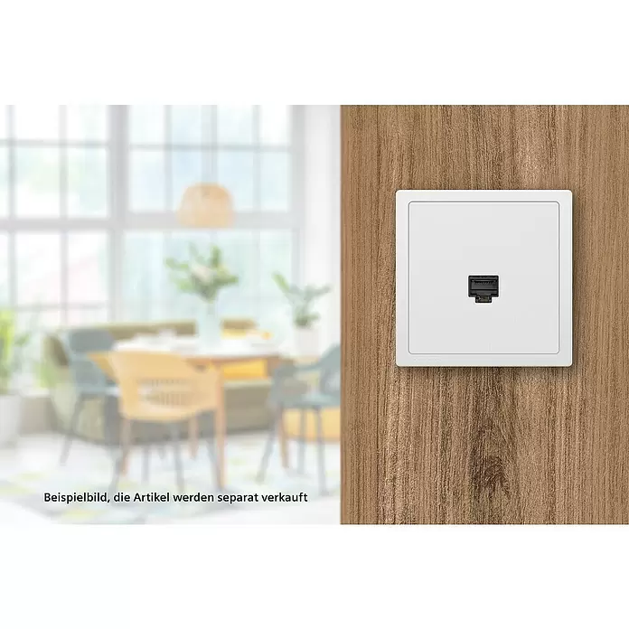 Siemens Delta Style Netzwerk-Anschlussdose RJ45 SIE044295 - Polar Weiß, Glänzend, 1 Stk. - Weiße quadratische Wandplatte mit schwarzer Netzwerkdose, an Holzwand in modernem Raum montiert. Beispielbild, Artikel separat erhältlich.