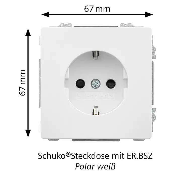 Siemens Delta Style Steckdose SIE044264 - Polar Weiß, Glänzend, Kunststoff, Unterputzmontage - Weiße Siemens Schuko-Steckdose, polarweiß, 67x67mm, mit Kinderschutz.