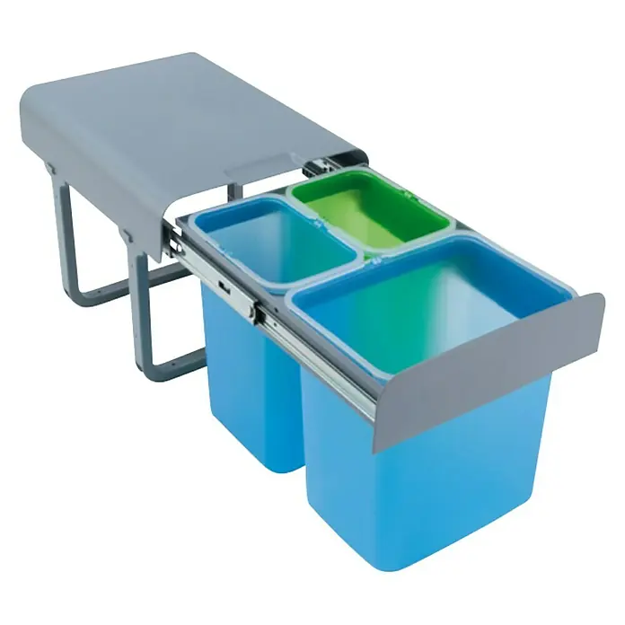 Pyramis Einbaumülleimer Color - 3-fach Trennung, 32 l, Kunststoff, Grau/Grün/Blau - Abfalltrennsystem mit drei Behältern unterschiedlicher Farbe, ideal für die Küchenzeile, mit Auszugsmechanismus und Deckel zur Geruchsvermeidung.