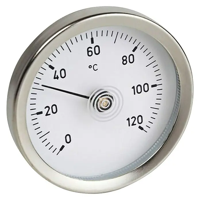 Anlegethermometer - Durchmesser: 63 mm, Temperaturbereich: 0 °C - 120 °C - Nahaufnahme eines runden Temperaturmessers mit einer Anzeige von etwa 30°C und einem silberfarbenen Rahmen.