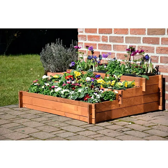 Dobar Hochbeet Peru - 110 x 88 x 36 cm, Holz, Bernstein - Gestufter Pflanzkasten aus Holz mit bunten Blumen, der eine attraktive und funktionale Ergänzung für jeden Außenbereich darstellt.