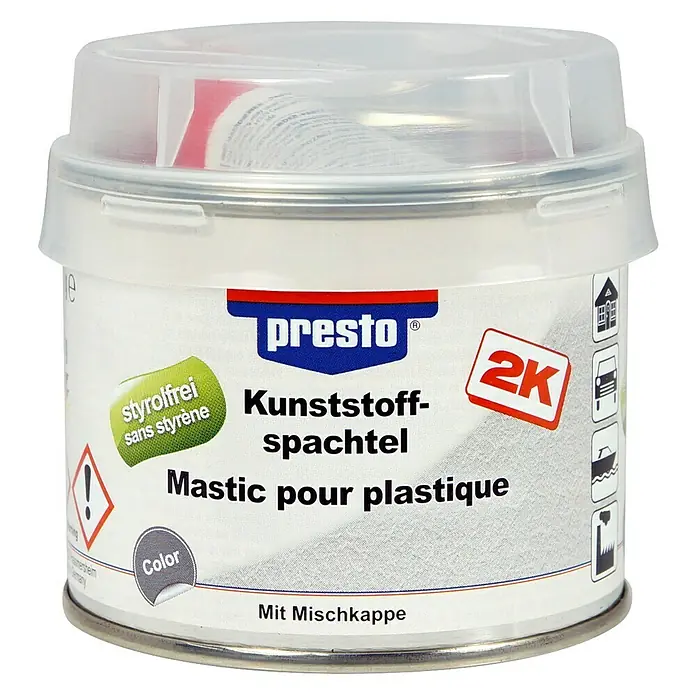 Presto Kunststoffspachtel 2K - Schwarz, 250 g, Styrolfrei - Dose Presto Kunststoffspachtel, ein 2K-Produkt zum Ausbessern von Kunststoffen, styrolfrei und inklusive Mischkappe.