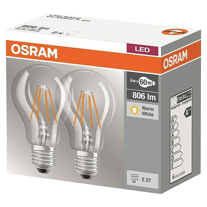 Osram Bombilla LED Classic A (2 uds., 7 W, E27, Claro, Blanco cálido)
