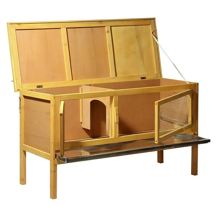 Dobar Kleintierstall Tradition - L x B x H: 115 x 45 x 66 cm, Holz, Natur - Hölzerner Kaninchenstall mit offenem Deckel und einer Tür mit Drahtgitter für den Außenbereich.