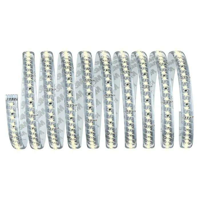 Paulmann MaxLED 1.000 LED-Band Basisset beschichtet - 300 cm, Warmweiß, 40 W, 3.300 lm - Nahaufnahme eines LED-Streifens mit leuchtenden LEDs und einem 3M-Klebestreifen auf der Rückseite. Ideal zur individuellen Beleuchtung.