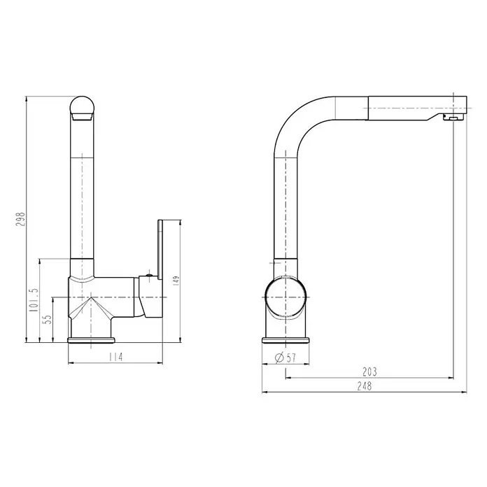 Pyramis Spültischarmatur Aladia - Chrom, Glänzend, Ausziehbar - Abbildung eines Wasserhahns mit Maßangaben für Design und Installation.