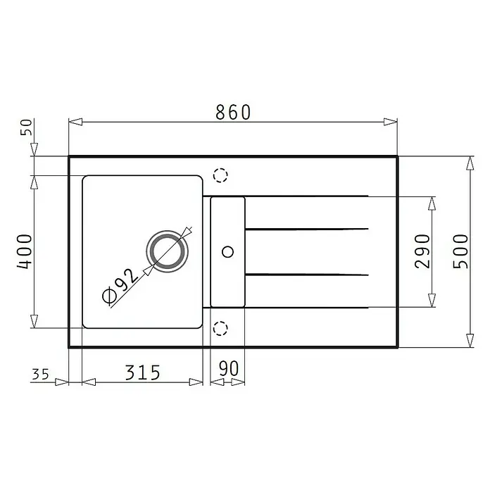 Pyramis Einbauspüle Athlos - 86 x 50 cm, Beige, Anzahl Becken: 1,25 Stk. - Technische Zeichnung einer Küchenspüle mit den Maßen 860 x 500 mm und einem Abflussdurchmesser von 92 mm.