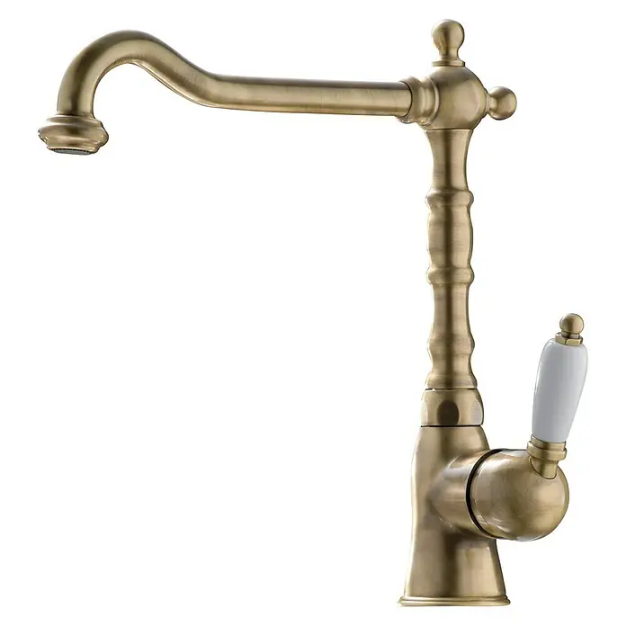 Pyramis Spültischarmatur Baroque - Bronze, Matt - Elegante Messingarmatur im Vintage-Stil mit geschwungenem Auslauf und weißem Griff für ein stilvolles Badezimmerambiente.