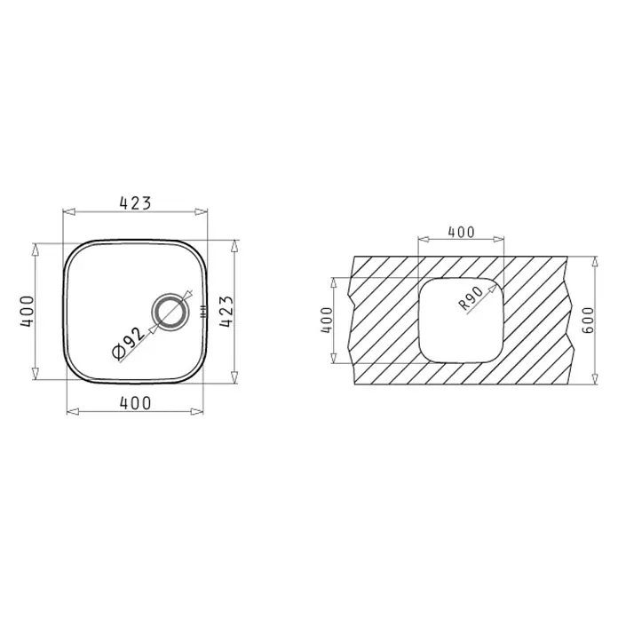 Pyramis Einbauspüle Iris - 42,3 x 42,3 cm, Edelstahl - Technische Zeichnung eines quadratischen Waschbeckens mit den Maßen 400 x 423 mm und einem Abflussdurchmesser von 92 mm.