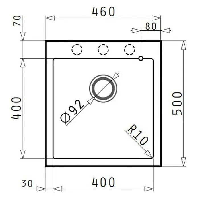 Pyramis Einbauspüle Istros - B x L: 46 x 50 cm, Iron Grey - Schema einer quadratischen Spüle mit Maßen, inklusive Durchmesser von 92 mm und Eckradius von R10.