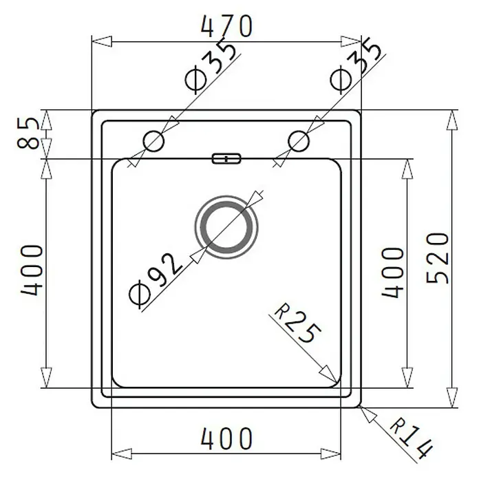Pyramis Einbauspüle Pella - 47 x 52 cm, Edelstahl - Technische Zeichnung eines quadratischen Spülbeckens mit Abmessungen und Details wie Durchmesser und Radien.